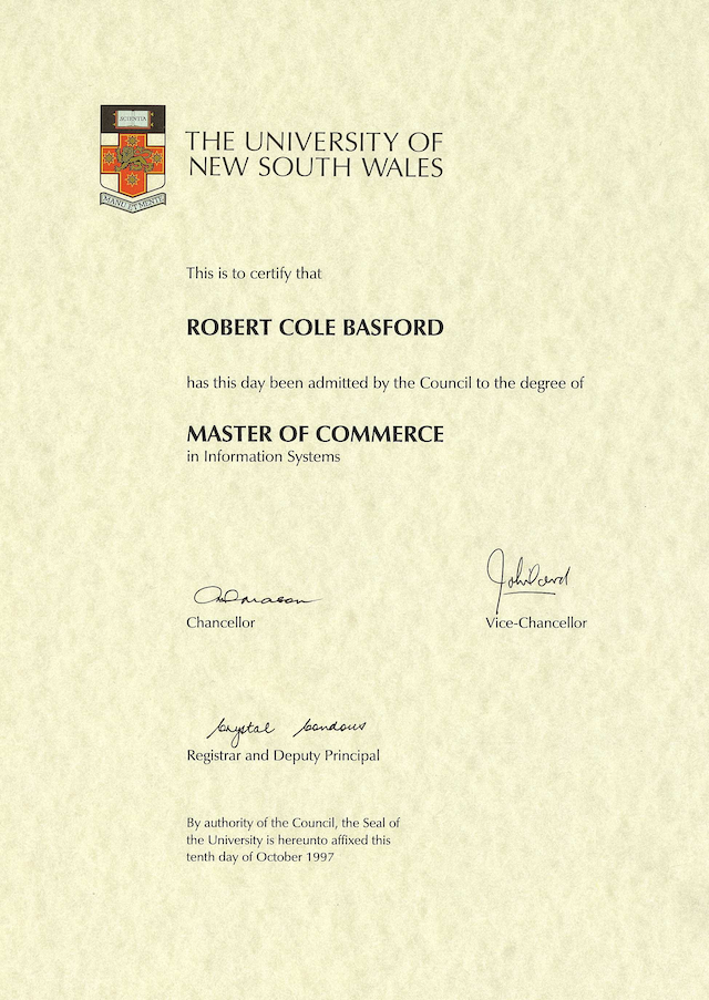 MASTER OF COMMERCE (INFORMATION SYSTEMS) UNSW 1997