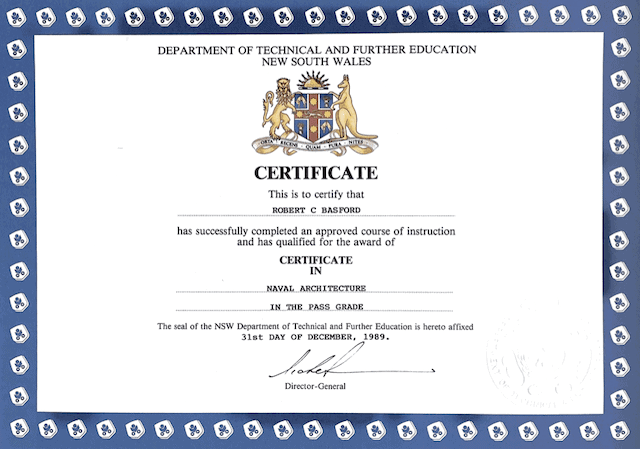 CERTIFICATE IN NAVAL ARCHITECTURE STC 1989